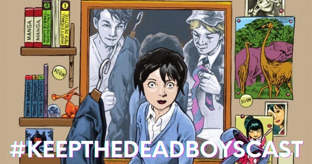 A woman with short black hair holding a paintbrush in front of a colorful comic-style background.