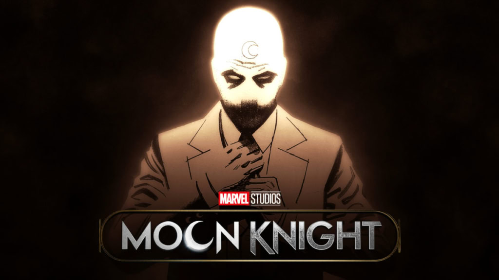 A dark, mysterious figure with a glowing moon symbol on his forehead, dressed in a suit, representin.