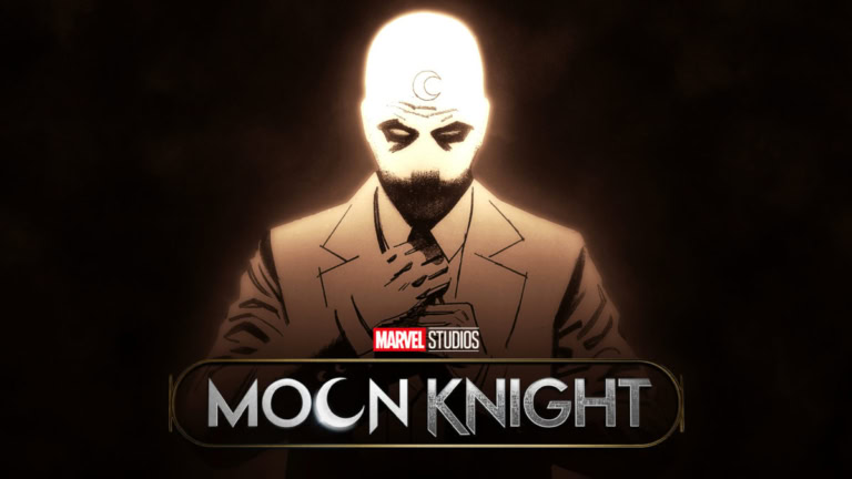 A dark, mysterious figure with a glowing moon symbol on his forehead, dressed in a suit, representin.
