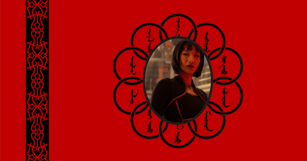 Xialing in front of ten rings logo