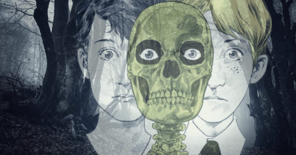 The Dead Boy Detectives in a dark, eerie forest with a skull in the foreground.