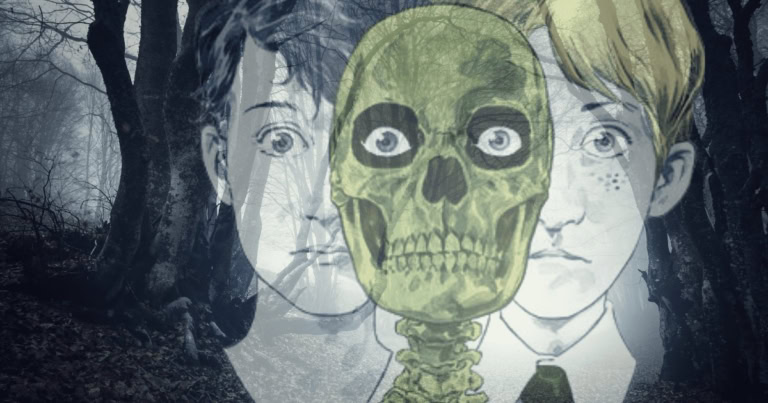 The Dead Boy Detectives in a dark, eerie forest with a skull in the foreground.