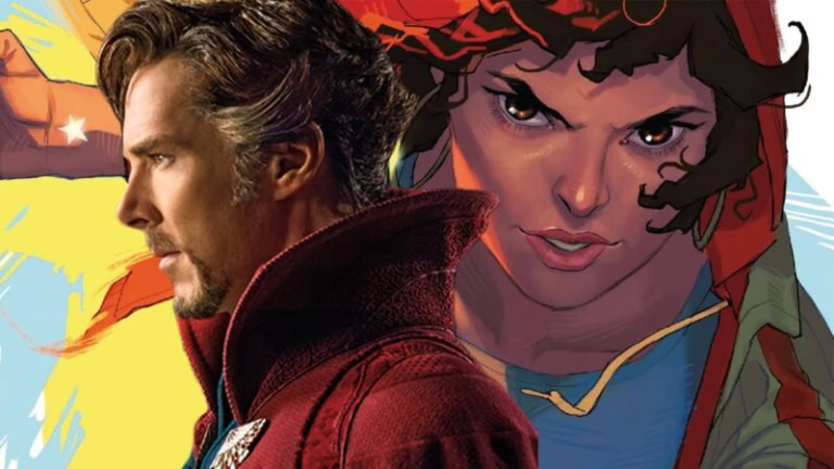 A colorful illustration of Doctor Strange and America Chavez from the Marvel universe.
