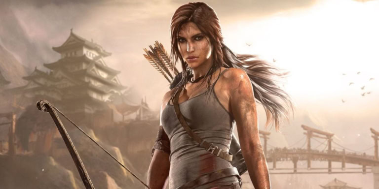 A woman with a bow and arrows in a misty, ancient Asian-inspired landscape with pagodas.