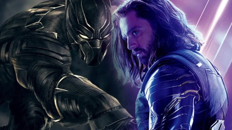 Black Panther and Bucky Barnes face off in a dramatic scene from the Marvel series.