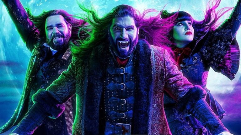 Vampire characters from "What We Do In The Shadows" Season 3 premiere, showcasing supernatural comed.