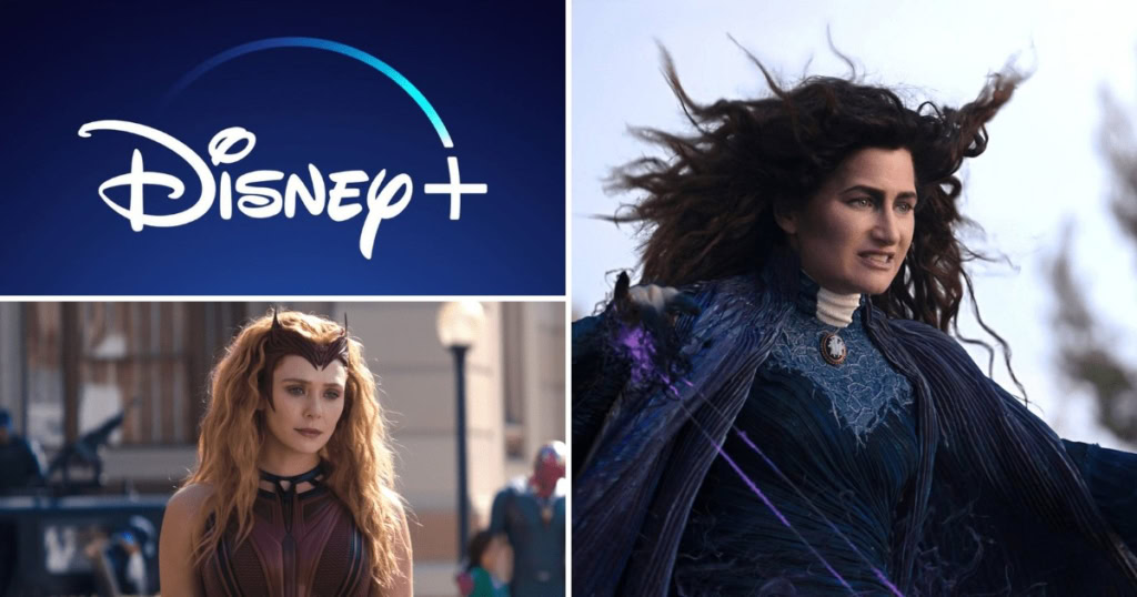Disney+ logo with Agatha Harkness from Marvel's WandaVision in the background.