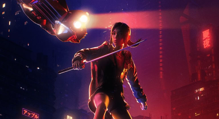 Cyberpunk female warrior with katana in neon-lit cityscape at night.