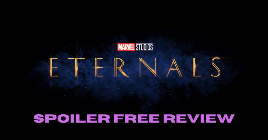 Eternals Marvel Studios logo with spoiler-free review text overlay.