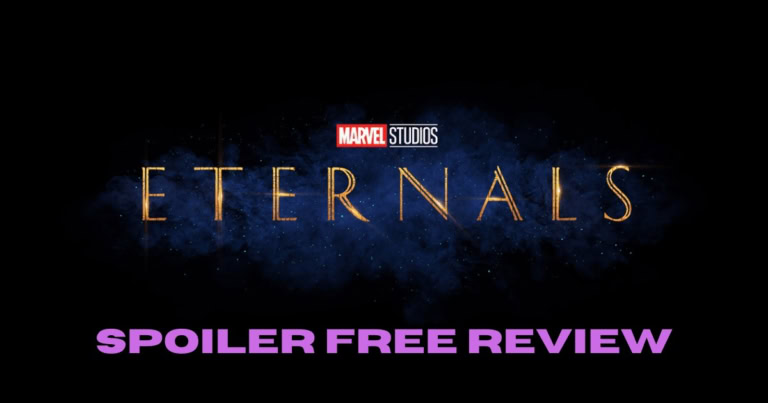 Eternals Marvel Studios logo with spoiler-free review text overlay.