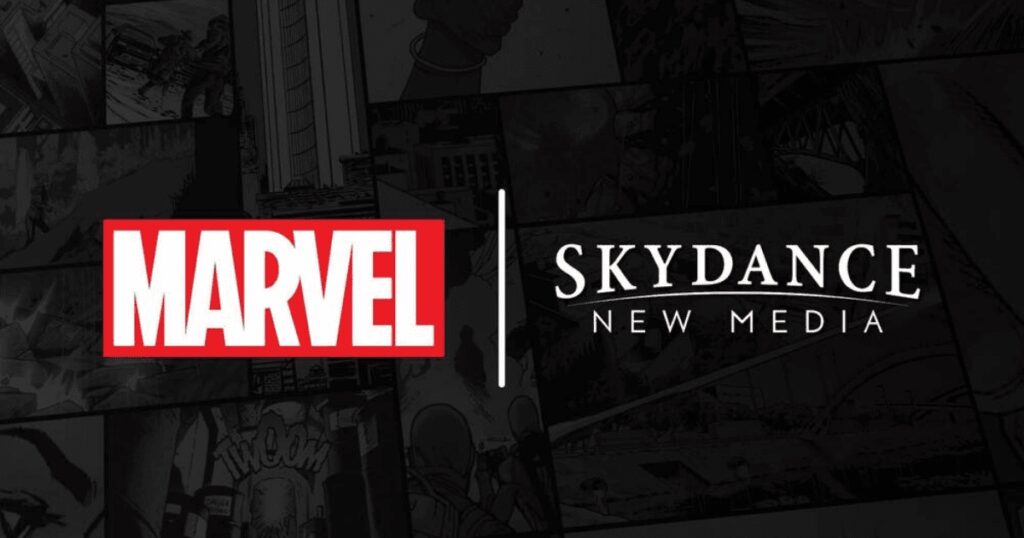 Marvel logo with Skydance New Media branding, related to Marvel and Uncharted collaboration.