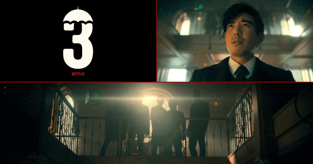 The Umbrella Academy Season 3 promotional image with Netflix logo and character scene.