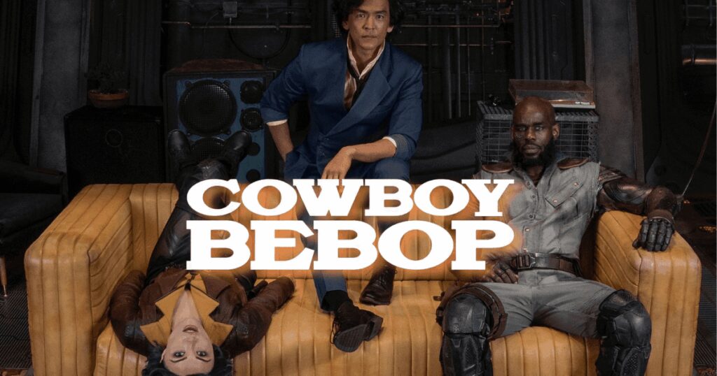 Cowboy Bebop anime characters sitting on a sofa, promotional image for the series.