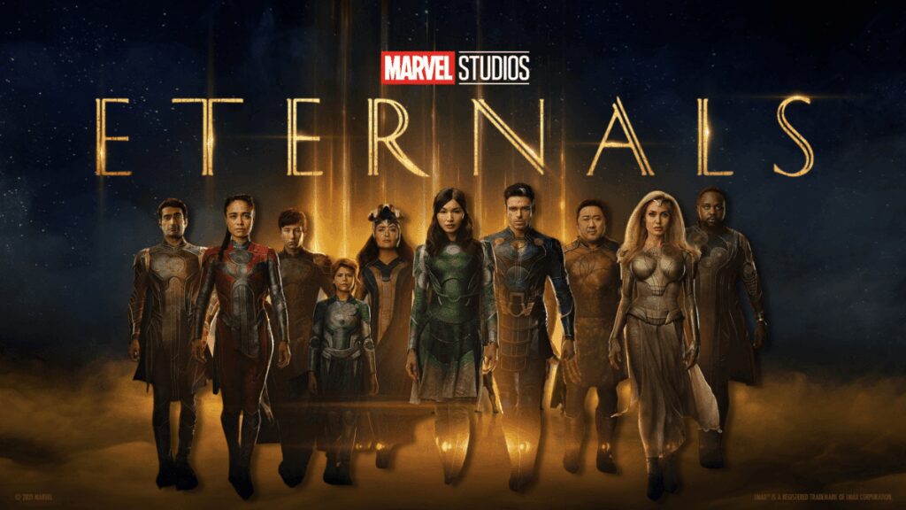 A detailed group shot of the Eternals characters from Marvel Studios' film, showcasing diverse heroe.