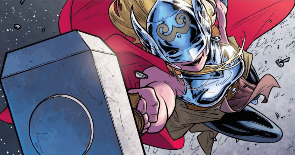 A powerful illustration of Mighty Thor wielding Mjolnir, showcasing Marvel's "Love and Thunder" post.