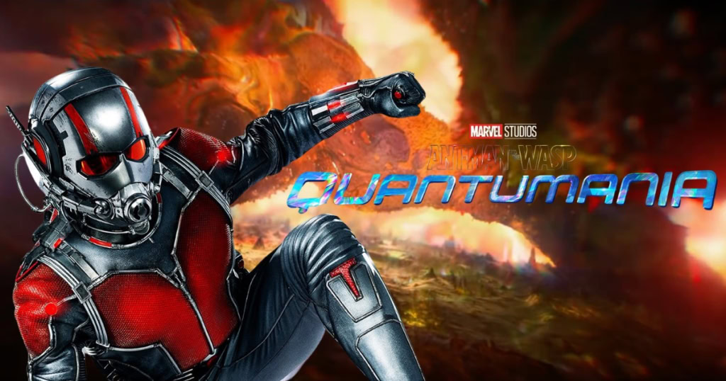 Ant-Man in Quantum Mania movie poster with fiery background, superhero in suit, Marvel Studios brand.
