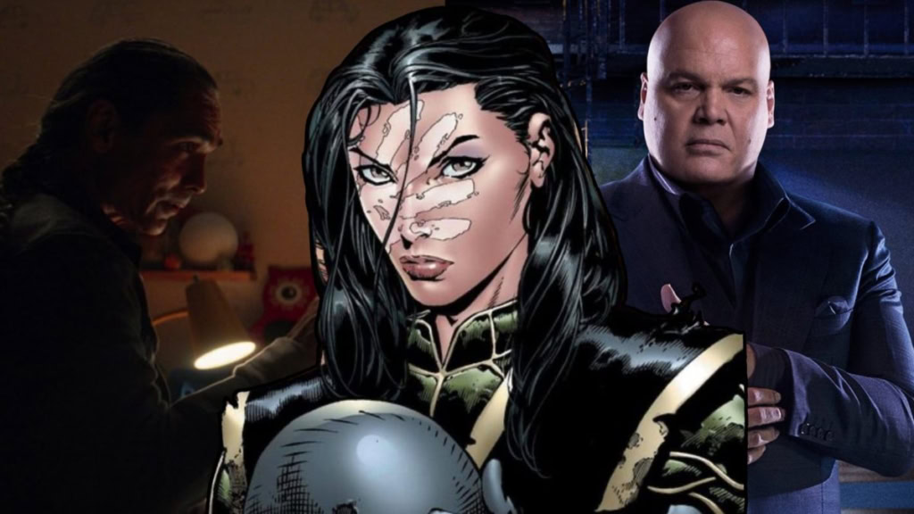 Echo from Hawkeye with a serious expression and a man in a dark suit behind her.