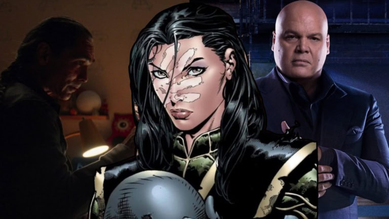 Echo from Hawkeye with a serious expression and a man in a dark suit behind her.