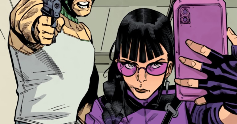 Kate Bishop taking a selfie with a villain in the background.