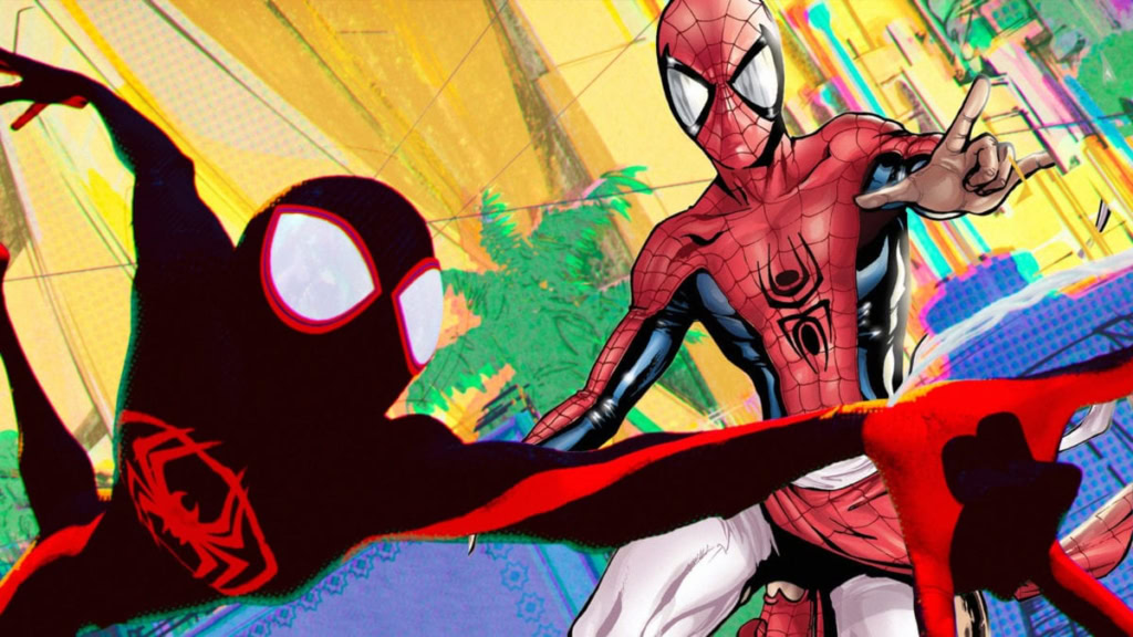 A vibrant illustration of Spider-Man and Miles Morales in a colorful cityscape background.