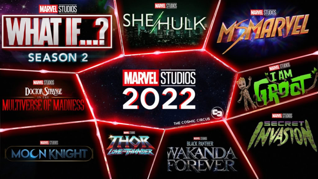 A detailed Marvel Studios 2022 release poster featuring "What If...?" Season 2, "She-Hulk," "Ms. Mar.