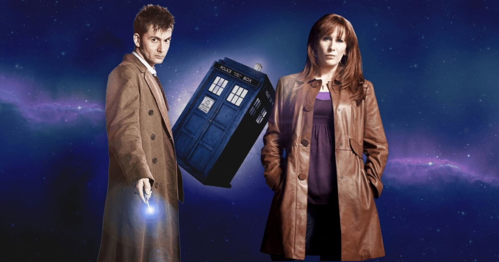 A mysterious scene featuring Doctor Who characters with TARDIS in space background.
