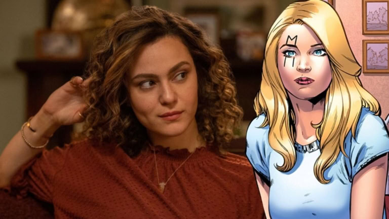 Elegant woman with curly hair and a thoughtful expression, alongside a stylized comic book illustrat.