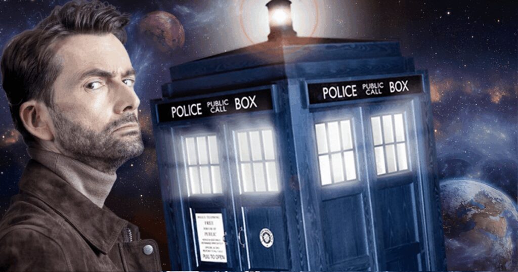 Mysterious Doctor Who character with TARDIS in cosmic space background, new Doctor rumor.