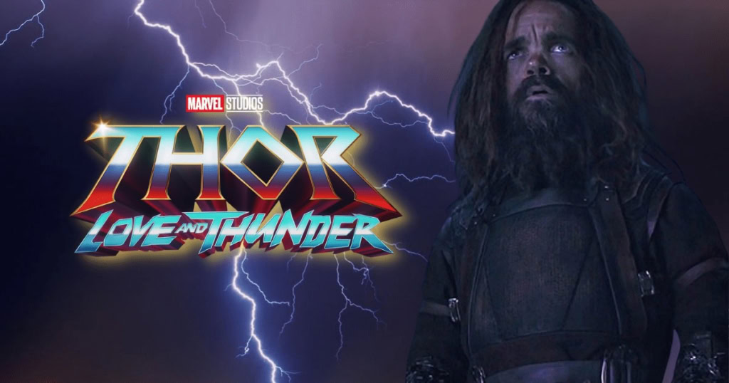 Thunderstorm with lightning over Thor: Love and Thunder logo and Eitri character from Marvel.