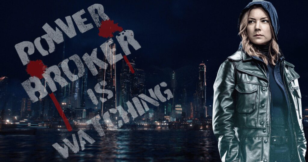 Empowered woman standing by city skyline at night with graffiti message "Power Broken is Watching".