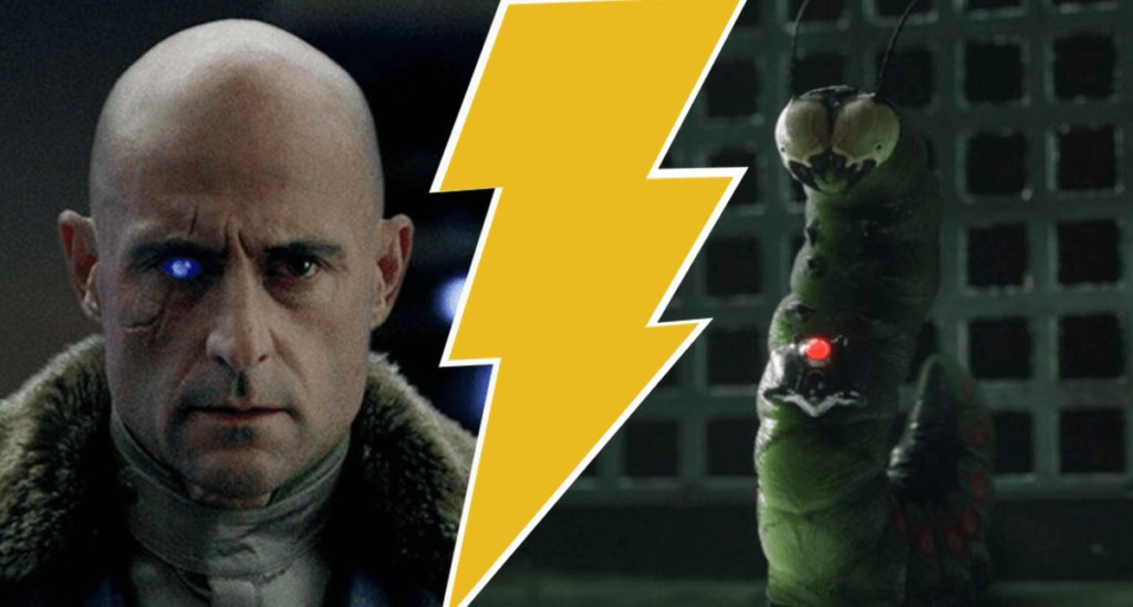 A lightning bolt graphic separating two characters from the DCEU.