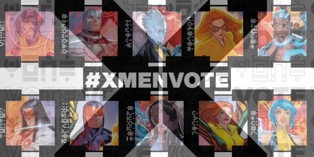 Vibrant X-Men characters in a digital collage promoting the 2022 Marvel Comics X-Men vote campaign.