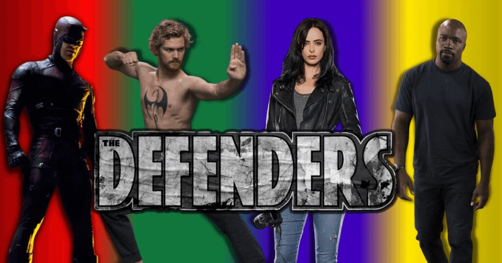 The Defenders superhero team from Marvel Comics standing together with colorful background.