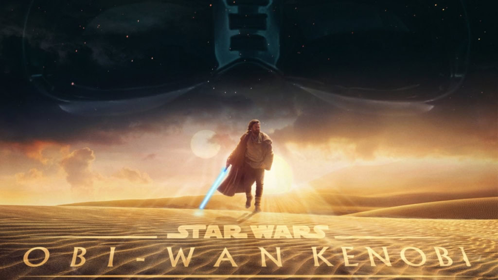 A Jedi walking across a desert landscape with a blue lightsaber during sunset.