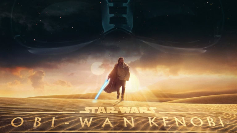 A Jedi walking across a desert landscape with a blue lightsaber during sunset.