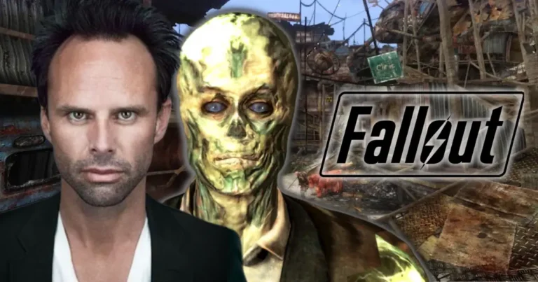 A haunting image of Walton Goggins alongside a sinister Fallout character in a post-apocalyptic sett.