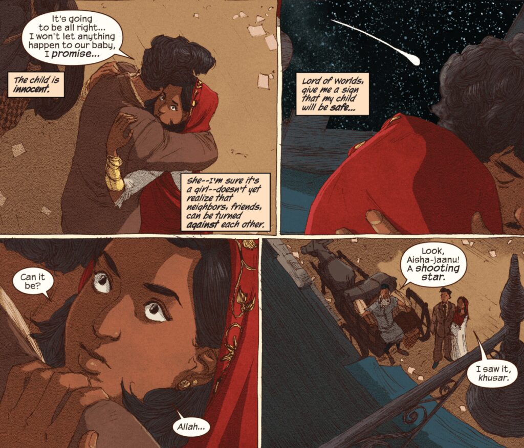 Scene from "Ms Marvel" comic with Kamala and friends under starry sky.