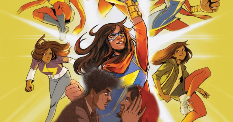 Vibrant illustration of Ms. Marvel and friends showcasing dynamic superhero poses and colorful costu.