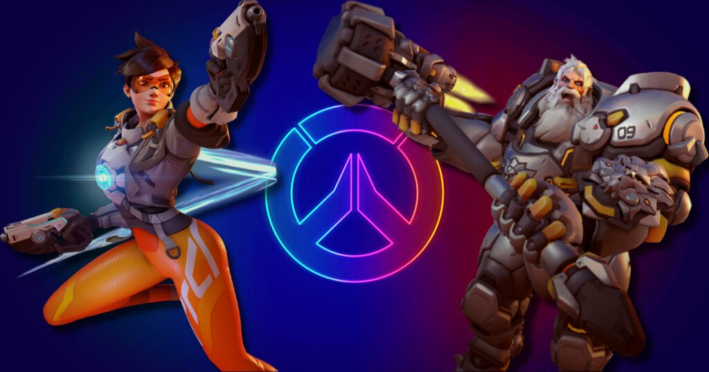 High-tech Overwatch characters with glowing logo in the background, futuristic gaming scene.