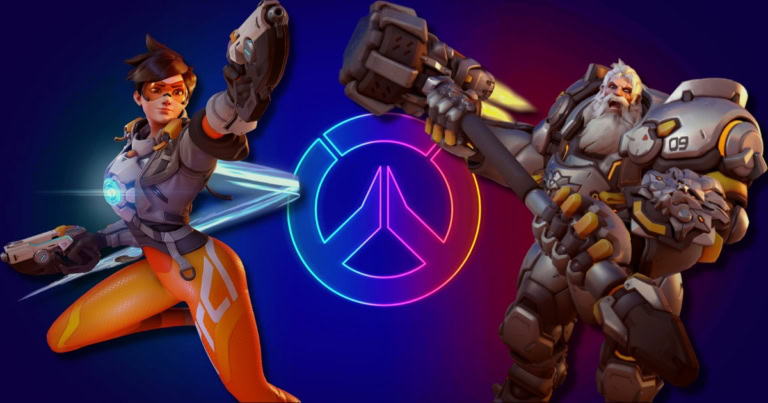 High-tech Overwatch characters with glowing logo in the background, futuristic gaming scene.