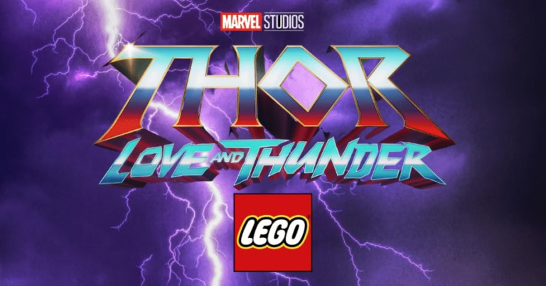 Love and Thunder LEGO logo with lightning background from Marvel Studios.