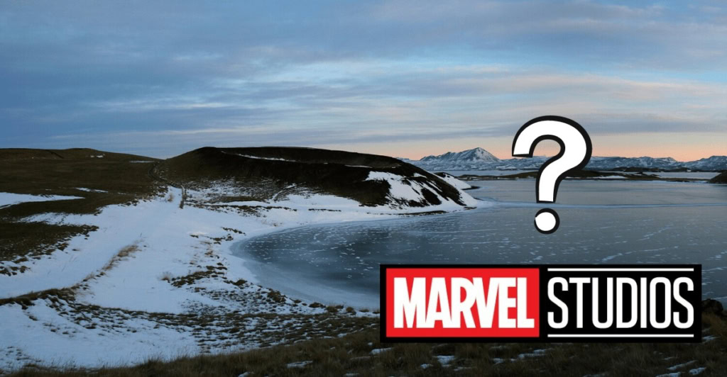 Icelandic landscape with snow and mountains, Marvel Studios logo overlay.