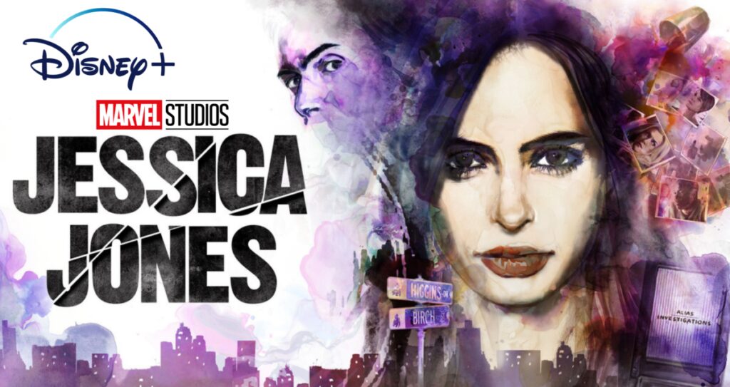 Jessica Jones Marvel series promotional artwork with purple and cityscape background.