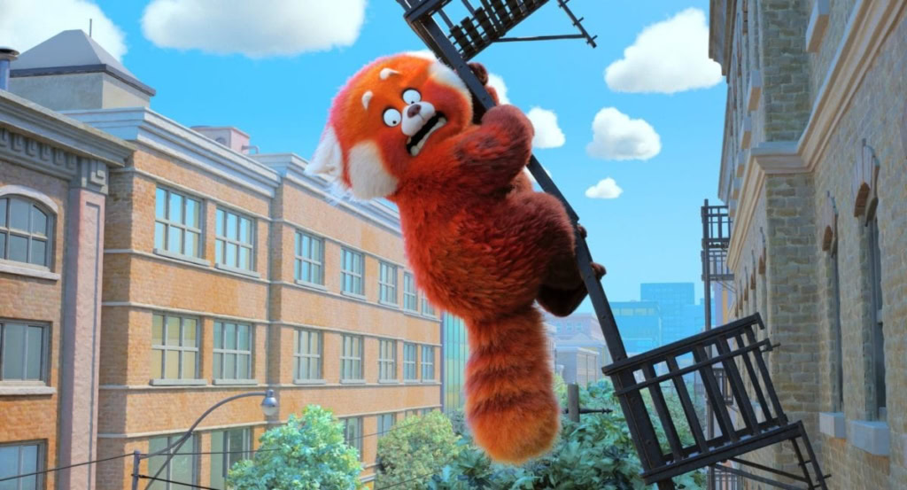 A colorful animated red panda character hanging from a fire escape in an urban setting.