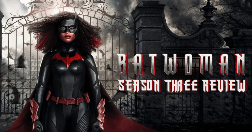 Elegant Batwoman cosplay in front of gothic castle gates for Season Three Review.
