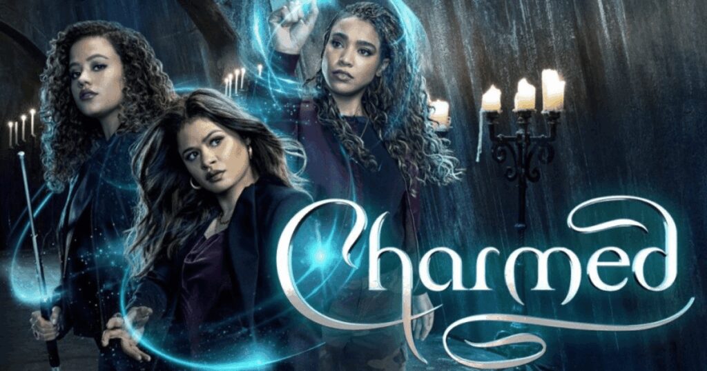 Charmed Season 4 cast with magical effects and dark mystical background.
