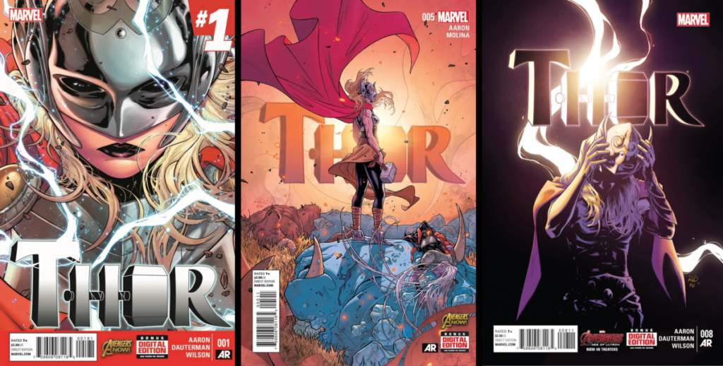 Lightning-powered Thor comic cover with a fierce female character, dynamic artwork, and bold Marvel.