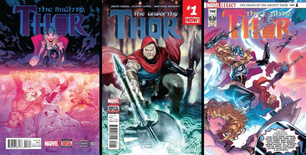 A powerful depiction of Mighty Thor wielding Mjolnir on comic book covers.