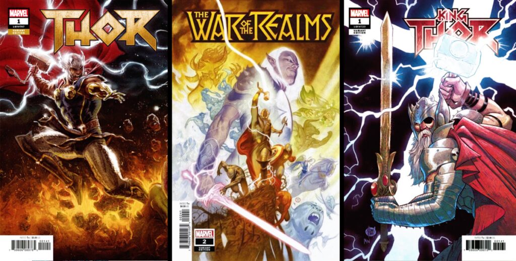 Marvel Thor comic book covers featuring mighty Thor in action and battle scenes.