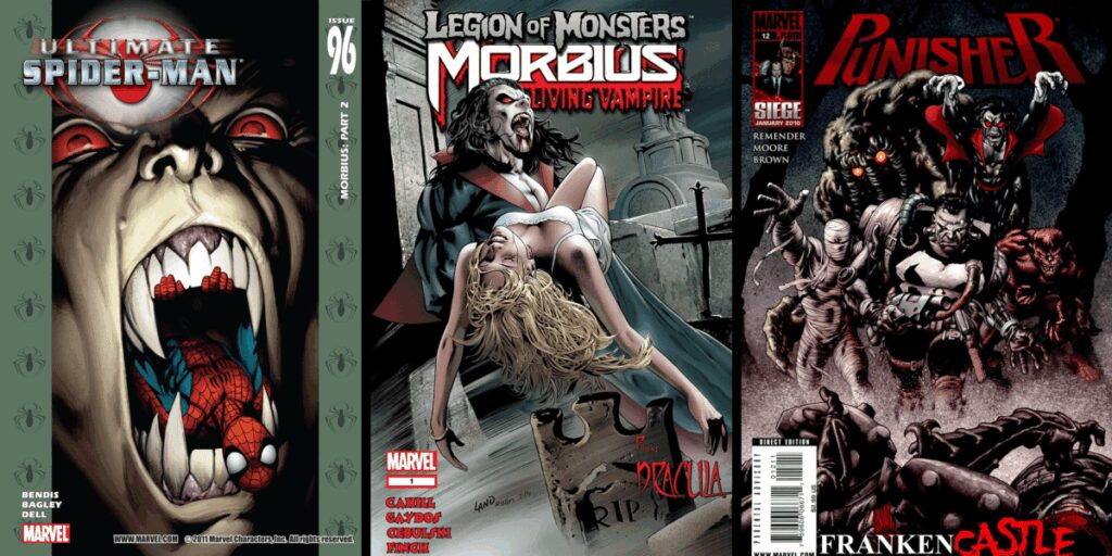 A detailed comic book cover featuring Morbius, a vampire, with a woman in a suggestive pose, dark go.